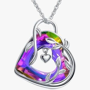 Rhodium Plated Heart Crystal Pendant Necklace, Pink